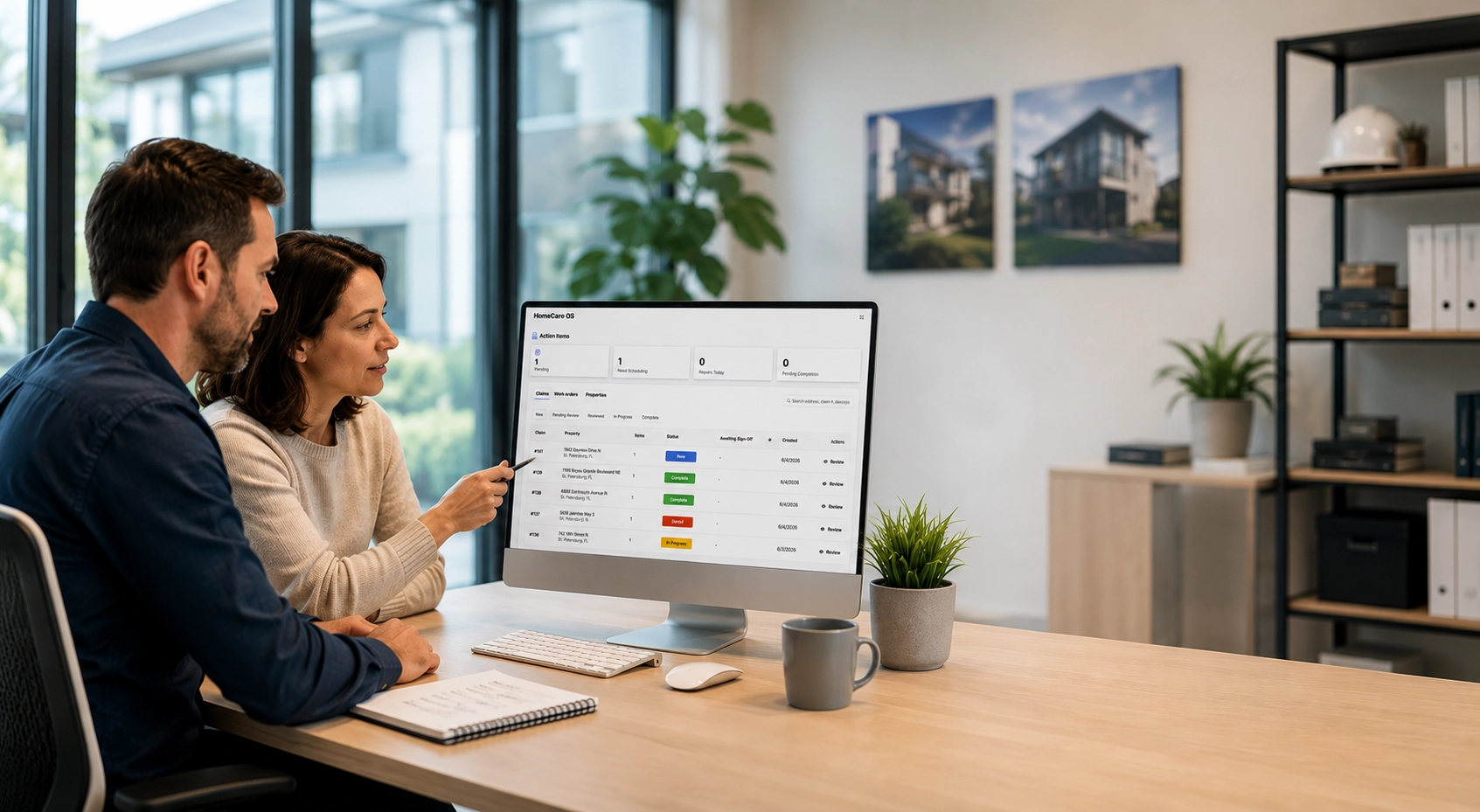 Two home builders reviewing a warranty management dashboard on a desktop computer in a modern office.
