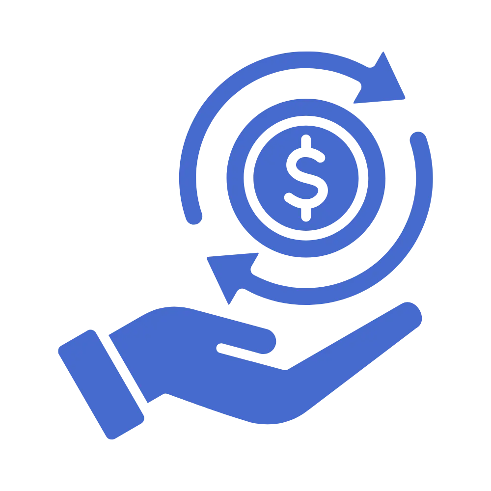 Icon of a hand with a dollar symbol and recycling arrows representing money returned