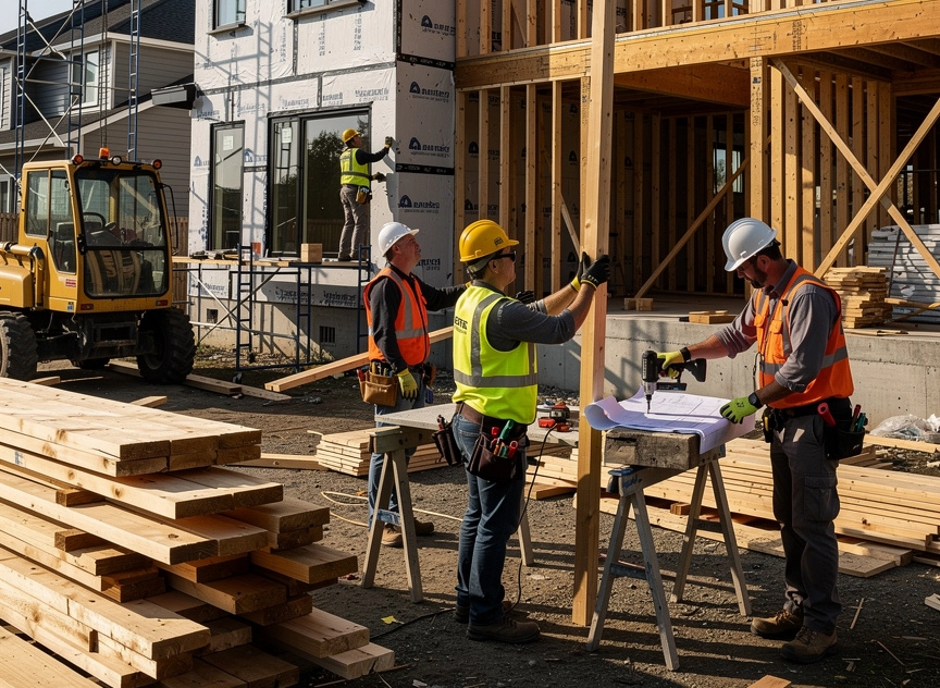 Half built home with construction workers