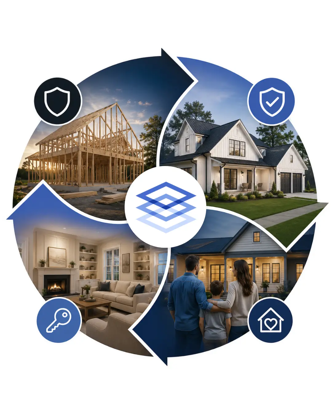 Homebuilding lifecycle from construction to completed home and homeowner support, representing Maverick’s insurance, structural warranty, and HomeCare solutions.