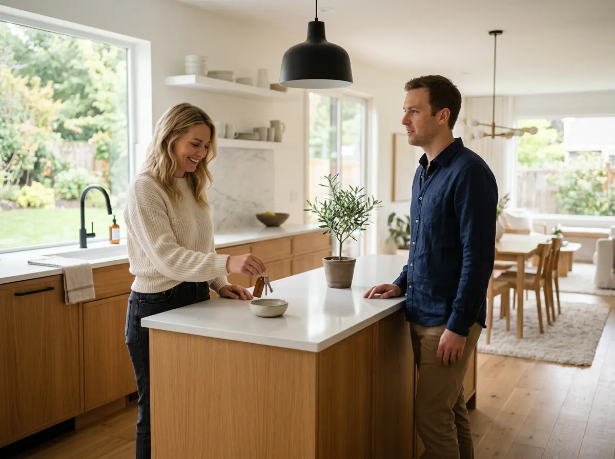 A welcoming photo of homeowners outside their completed home.