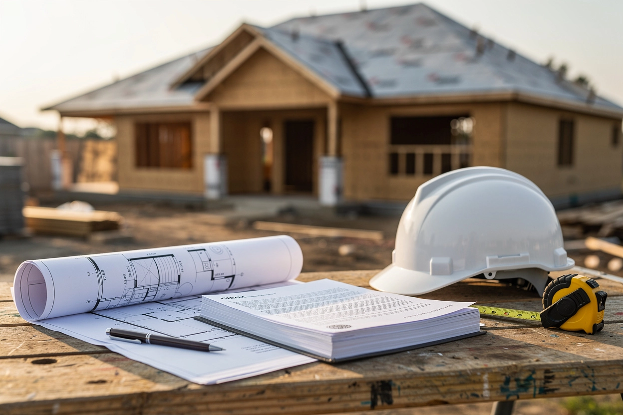 Building plans, a construction contract and a white hard hat arranged on a table at a residential jobsite.