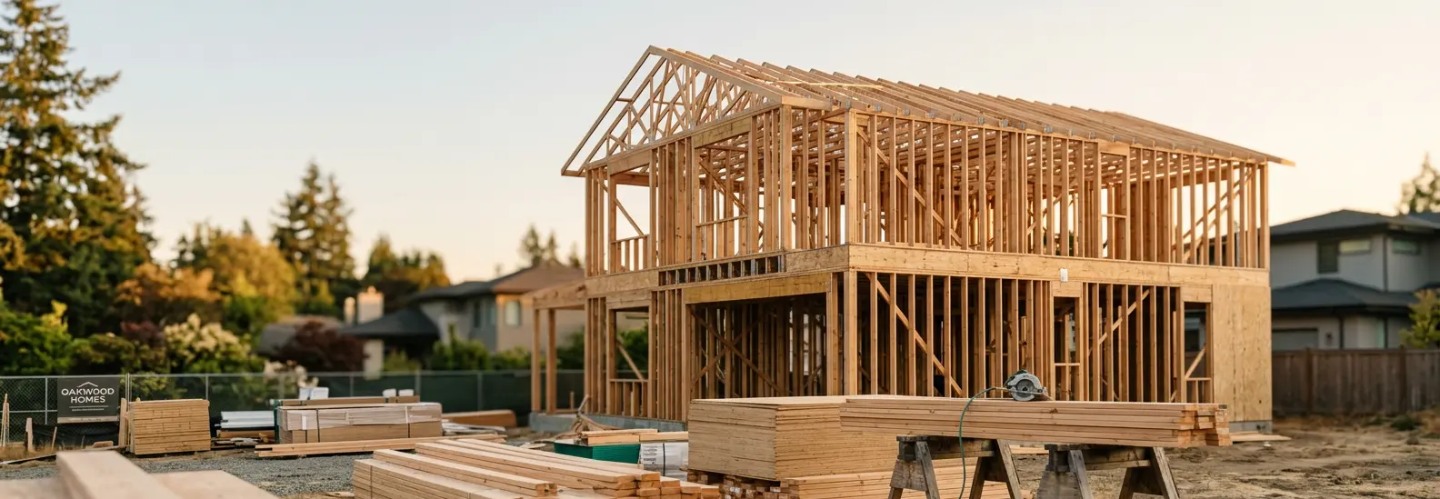 House framing and lumber at a residential construction site