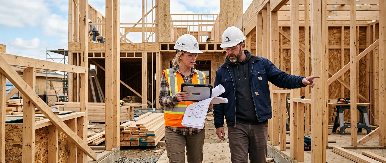 Two builders reviewing plans at a residential construction site