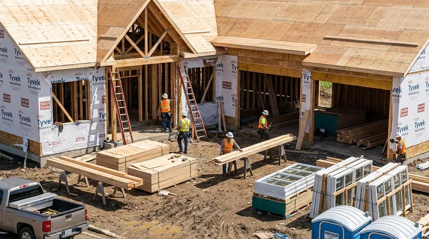 Aerial view of a construction crew framing multiple homes at a residential job site