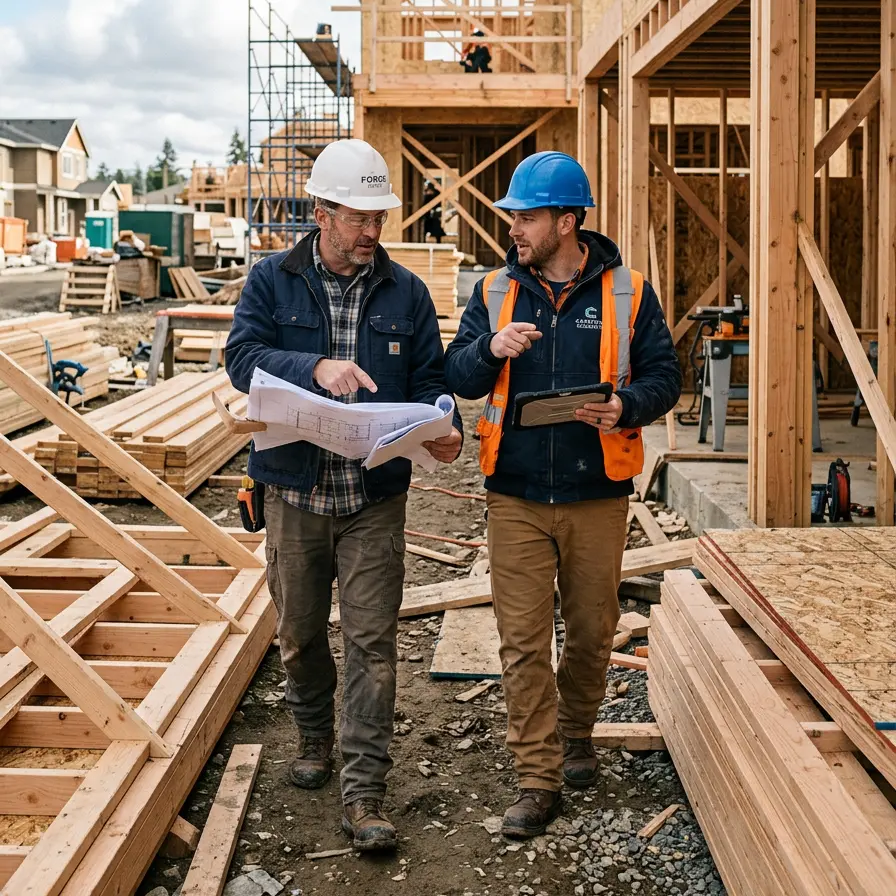 Two builders reviewing blueprints together on a residential construction site