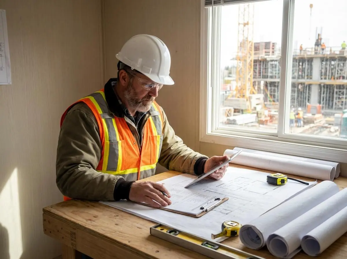 Builder in hard hat and safety vest reviewing blueprints at a desk with a construction site visible through the window
