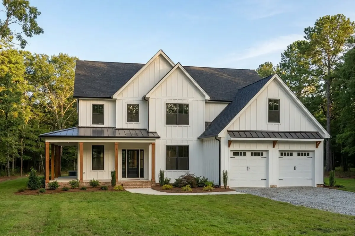 Completed white farmhouse-style home with covered porch and two-car garage
