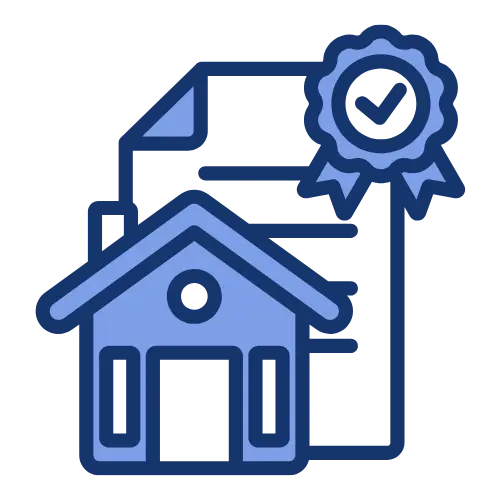 Icon of a home with a warranty certificate and approval ribbon