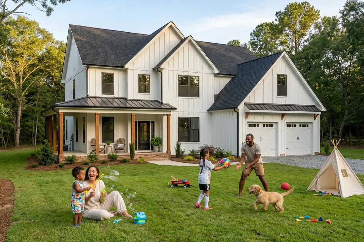 Family with children and a dog playing in the front yard of their new farmhouse-style home