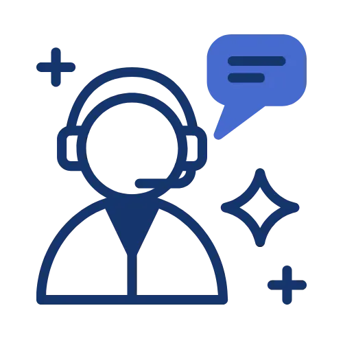 Icon of a customer support representative with headset and chat bubble