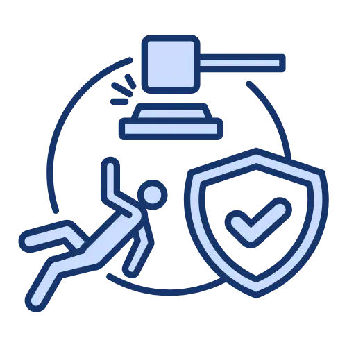 Icon of liability protection with a gavel, person, and shield with checkmark