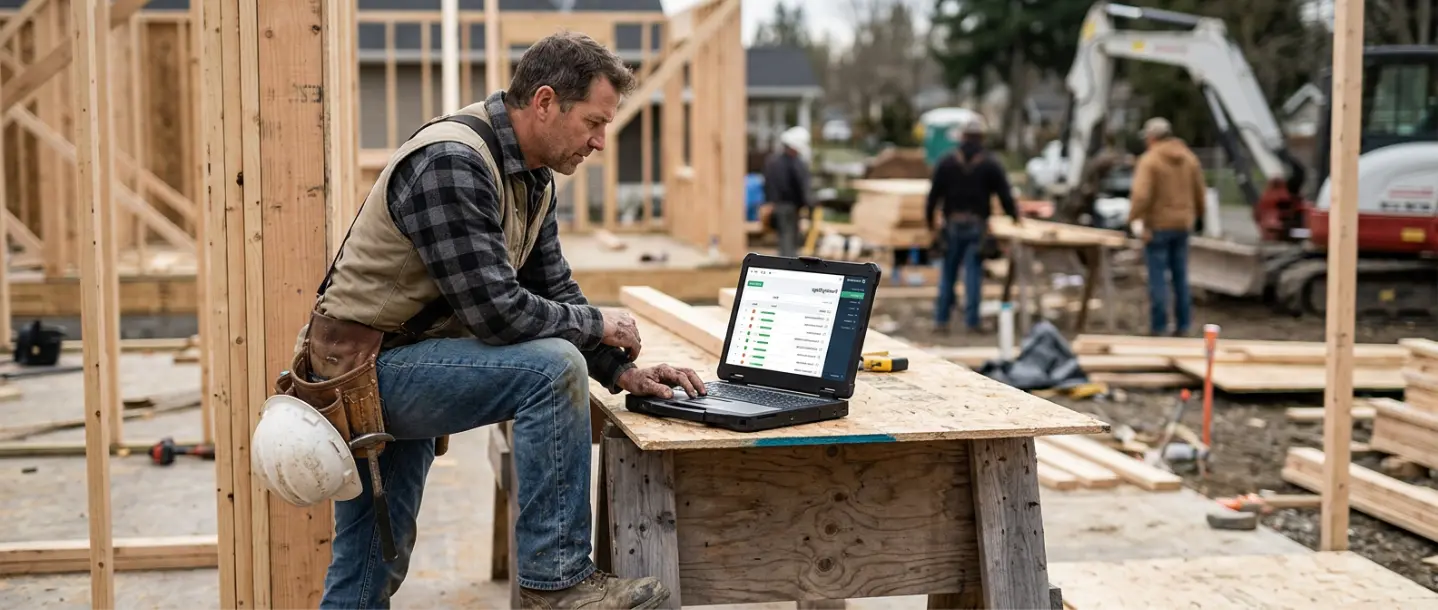 Builder using a laptop on a construction site with crew working in the background