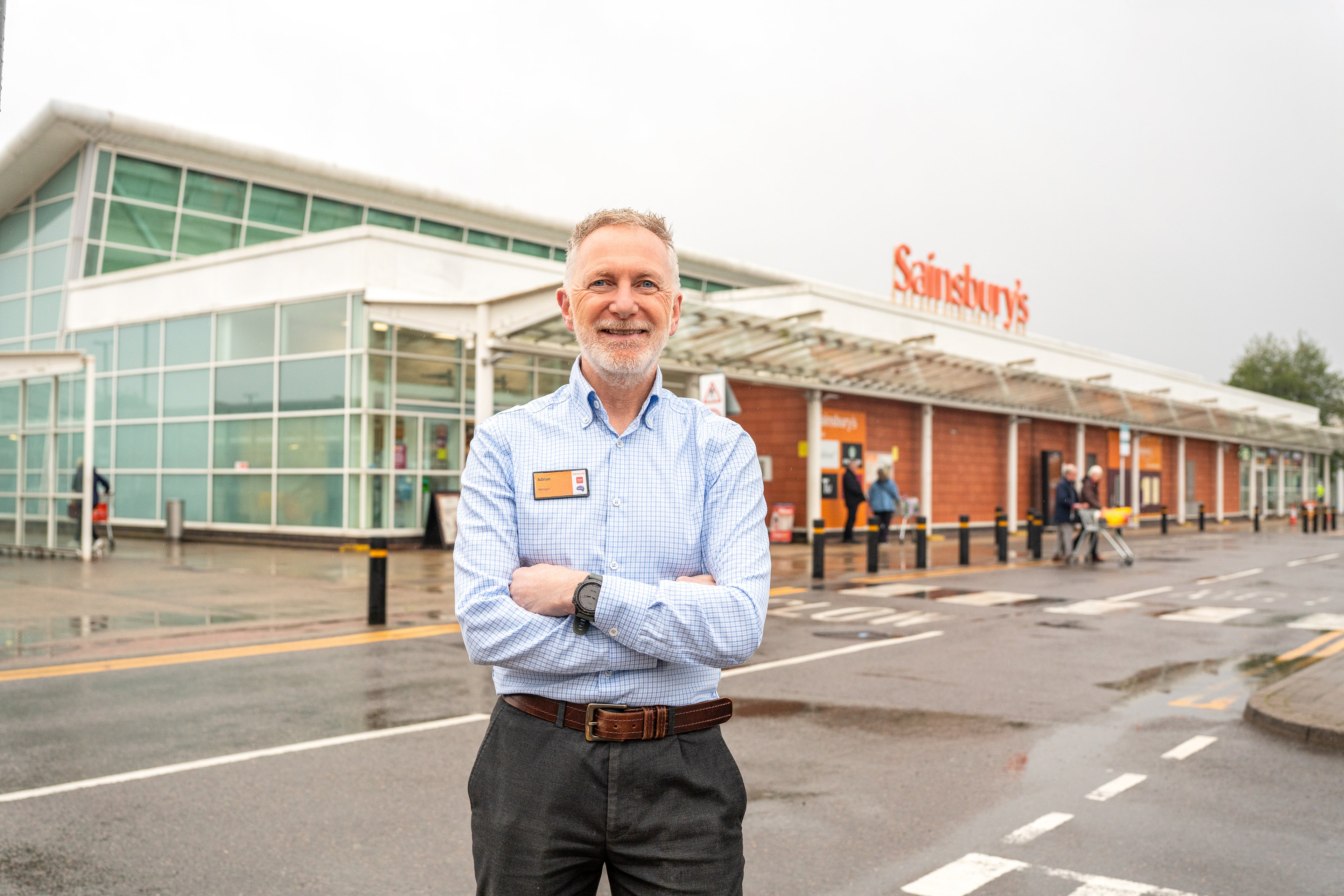 Store manager outside Sainsbury's Telford, corporate editorial photography by Pixton Media