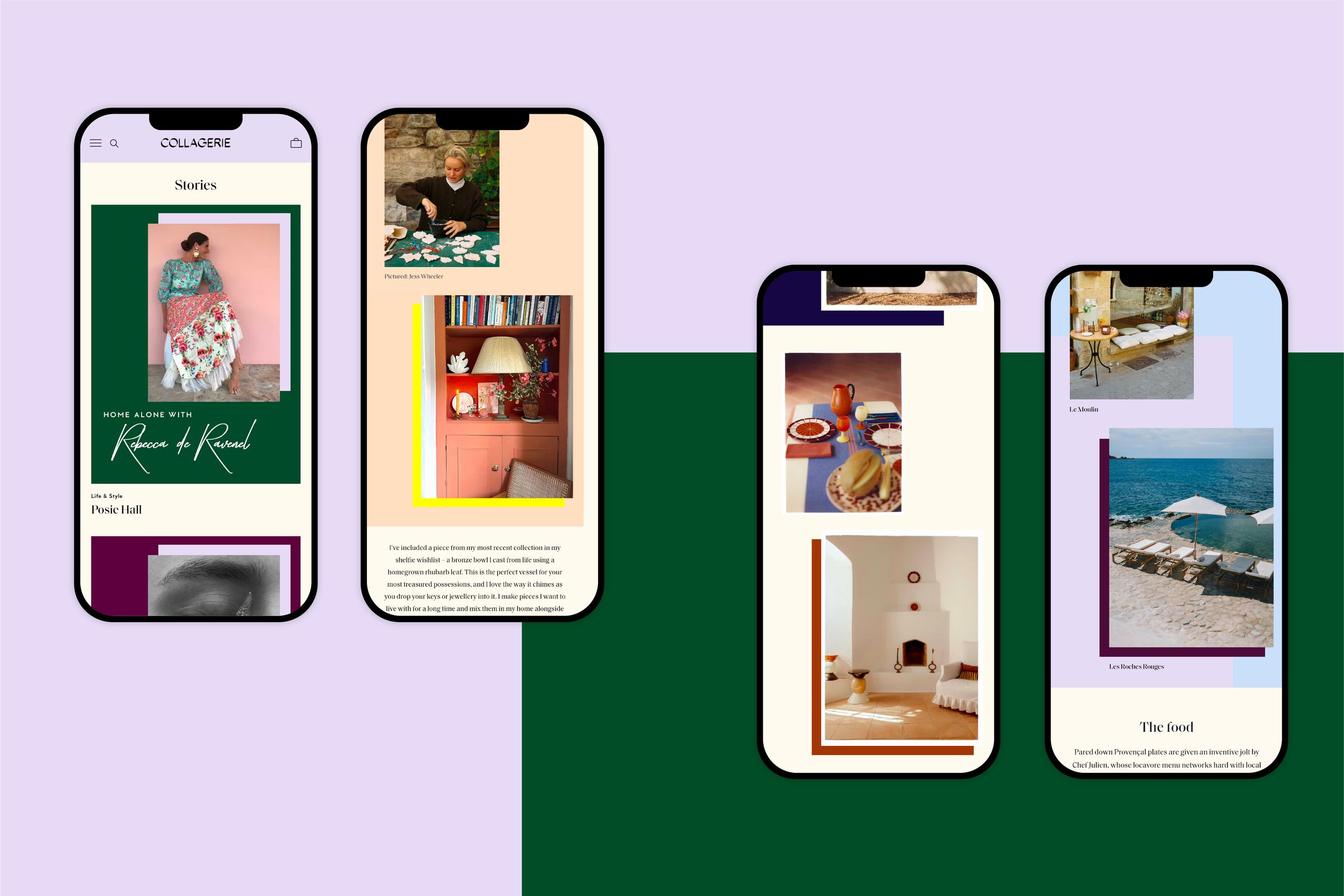 Collagerie website design, with stories on mobile screens