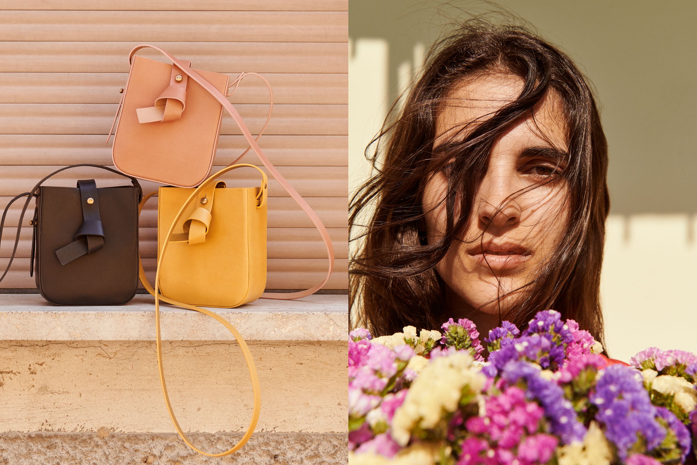 Yvonne Kone campaign art direction bags and flowers in Italy