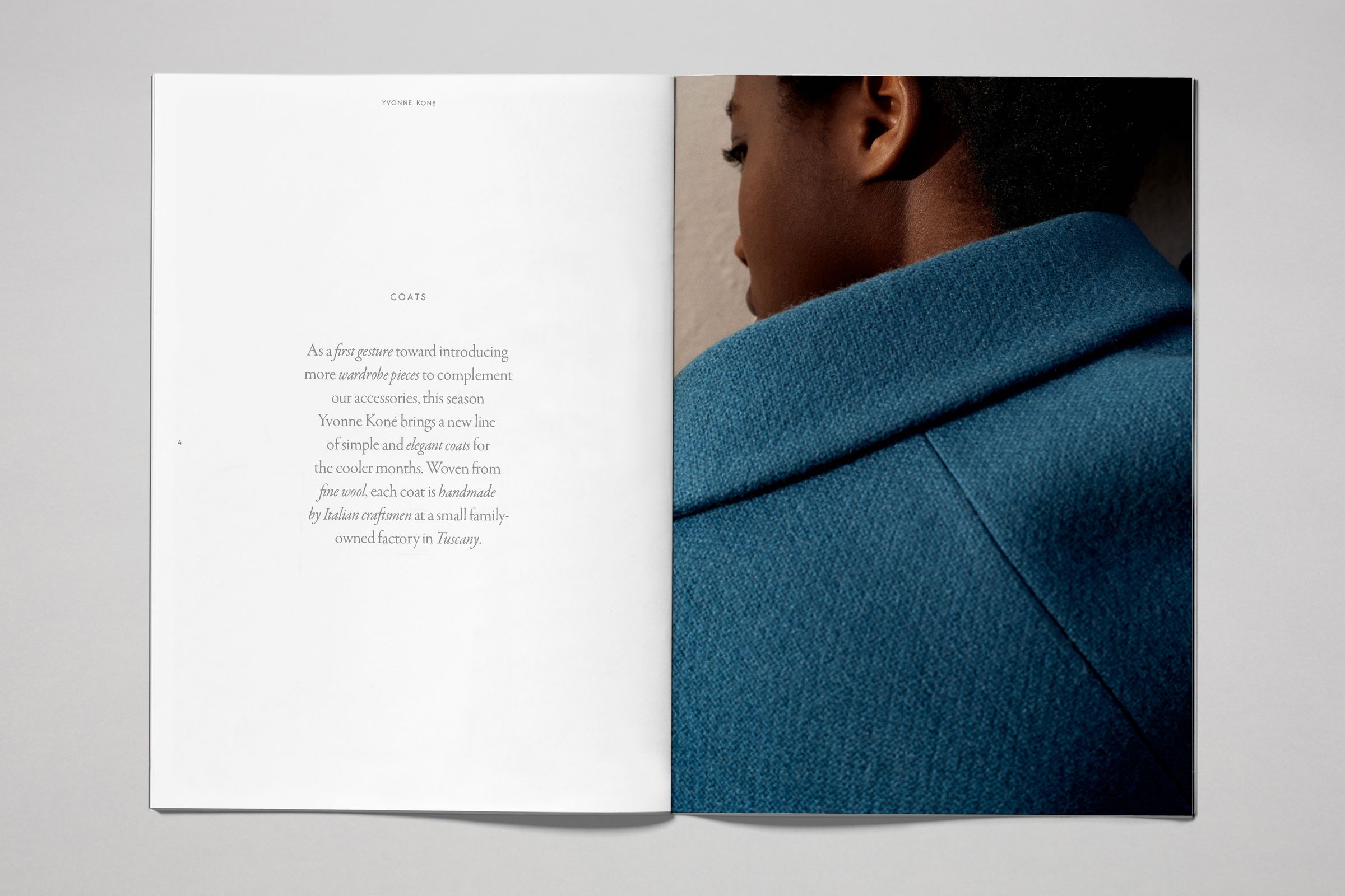 Yvonne Kone catalog layout design blue coat