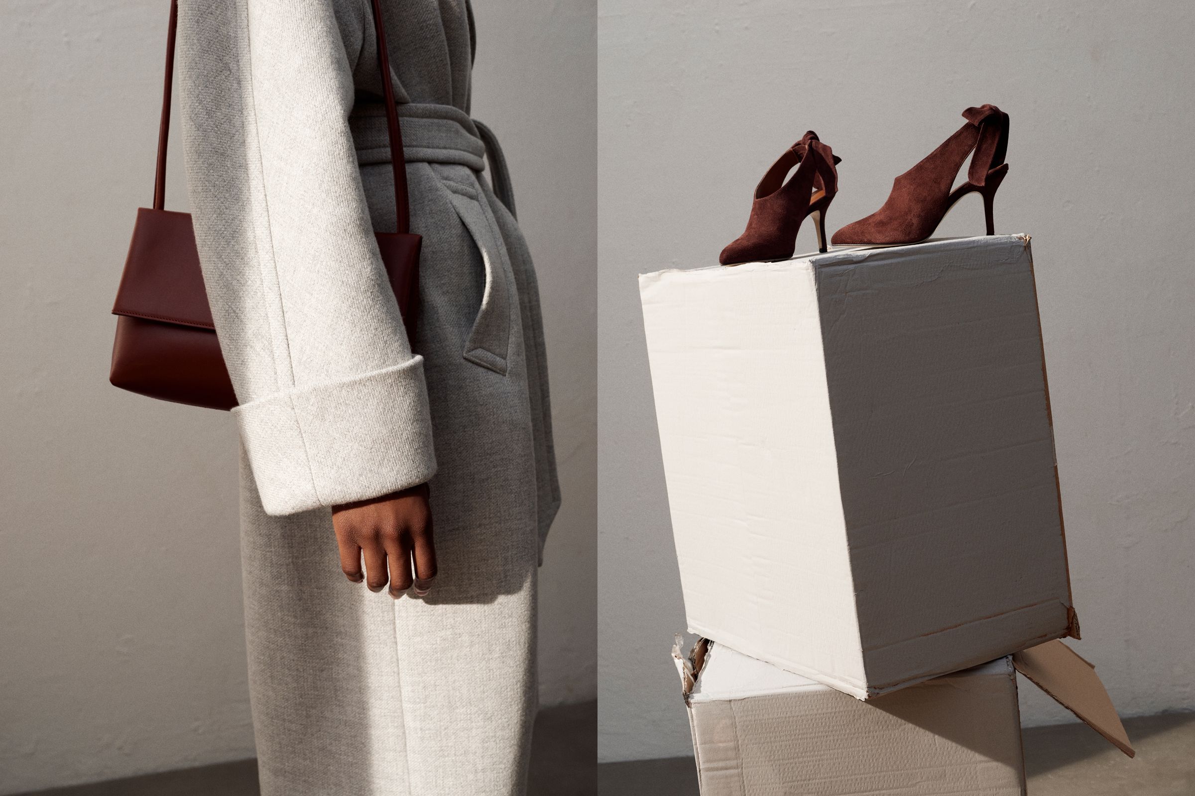 Yvonne Kone campaign art direction with gray coat, Tatiana pumps, and leather bag