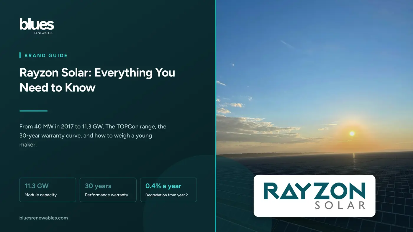 Rayzon Solar logo over a photograph of a utility-scale solar farm at sunrise