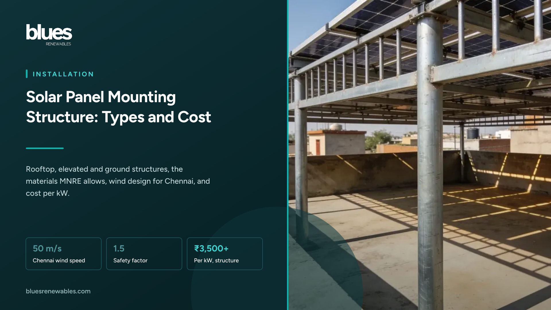 An elevated hot-dip galvanised steel solar structure on a Chennai terrace, with clothes drying in the shade beneath the panels