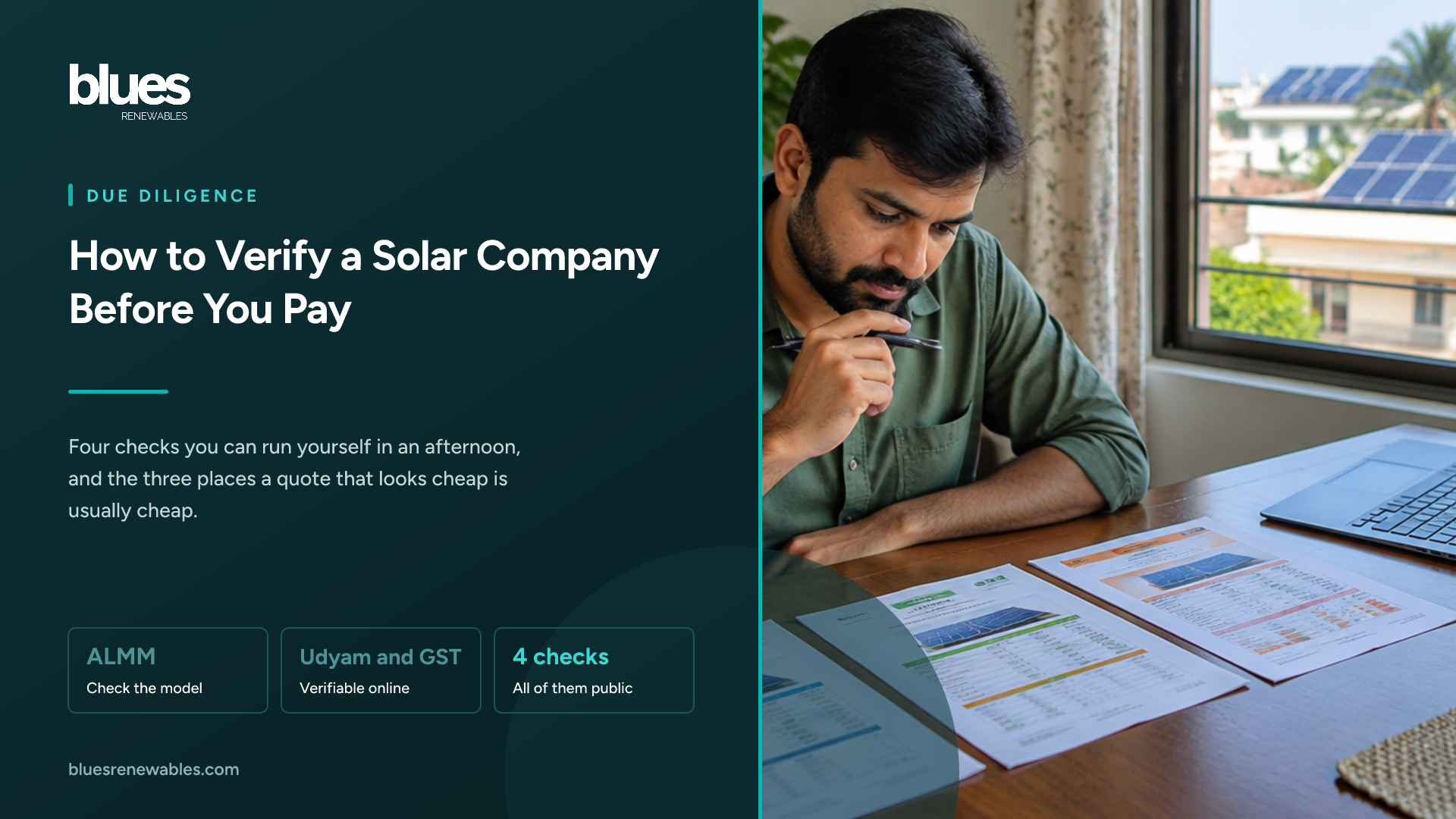 Indian homeowner comparing three printed solar quotations spread across a dining table with a laptop open beside them