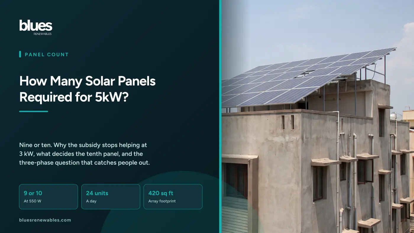 Independent Chennai house with a full rooftop solar array of about ten panels in two rows, a typical 5 kW installation