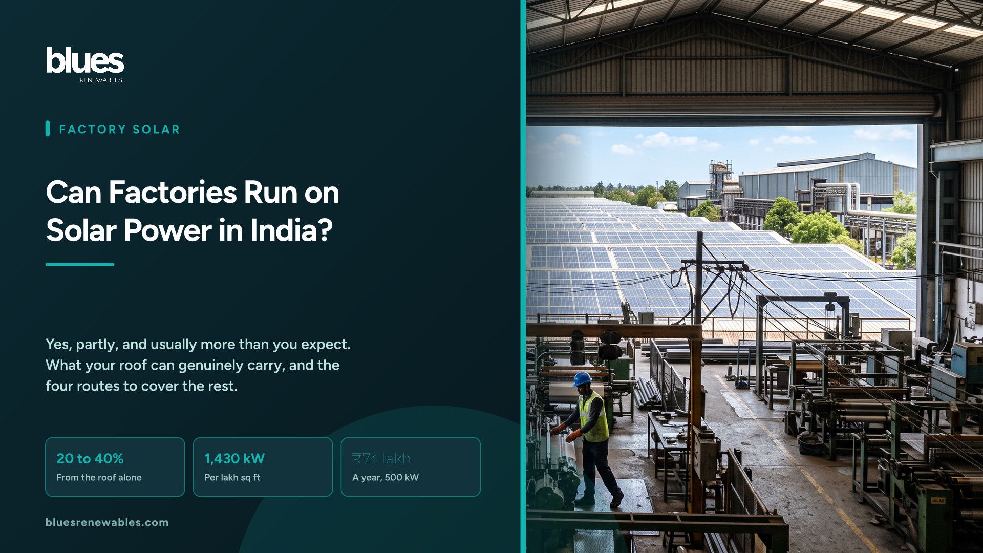 Indian factory floor with machinery opening onto a large corrugated roof covered edge to edge with solar panels in Tamil Nadu