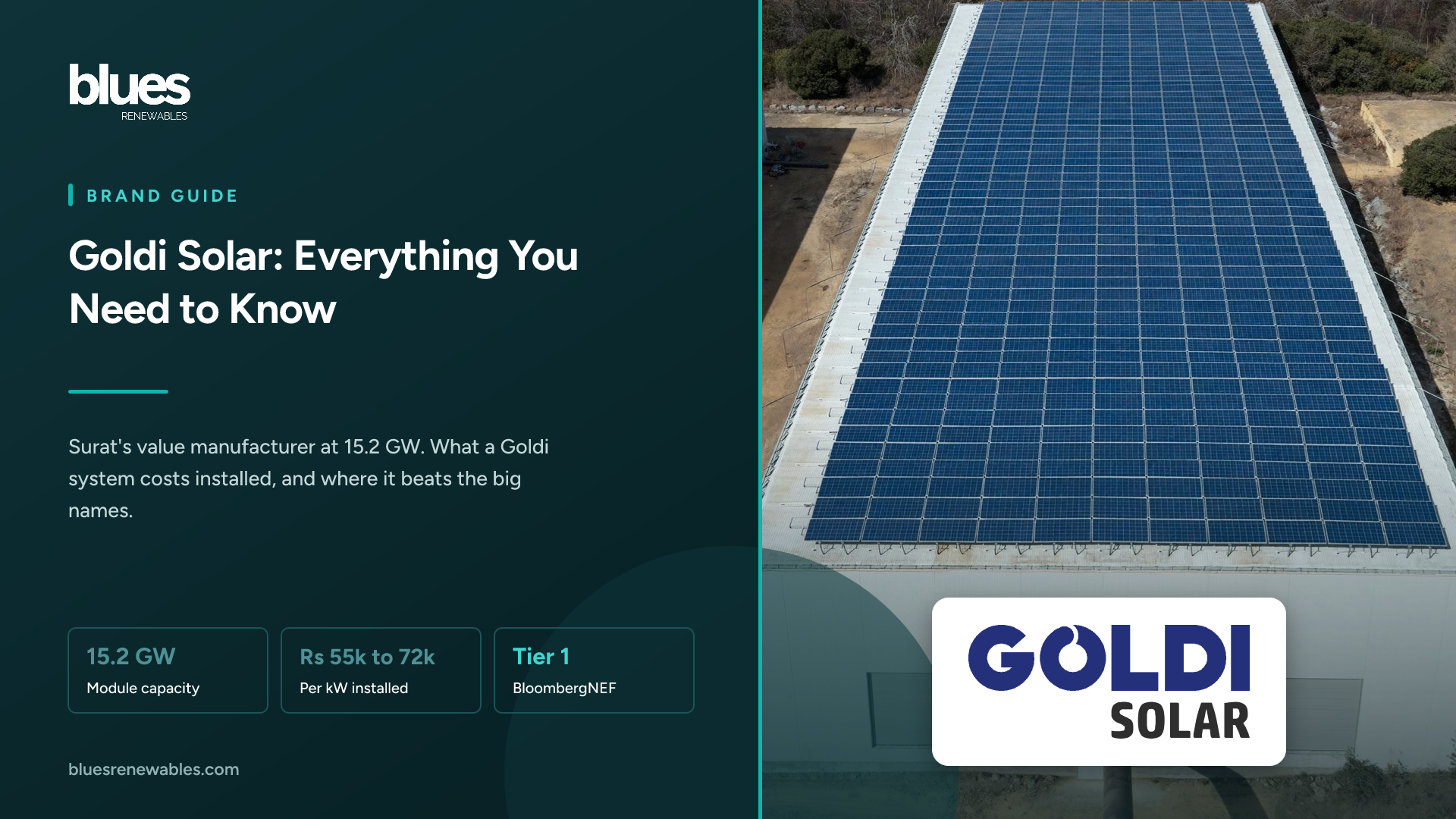 Goldi Solar logo over an aerial photograph of a long factory roof covered with solar panels