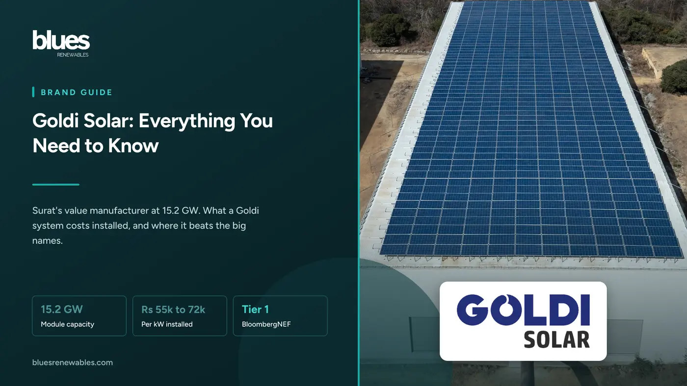 Goldi Solar logo over an aerial photograph of a long factory roof covered with solar panels