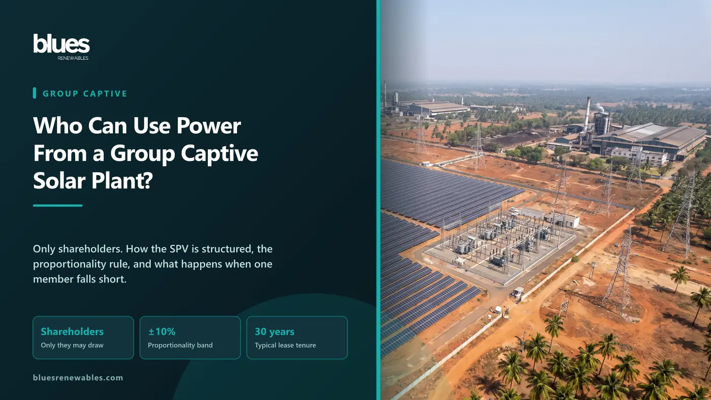 Aerial view of a shared ground-mounted solar farm and substation serving several separate factories in South India, illustrating a group captive solar plant
