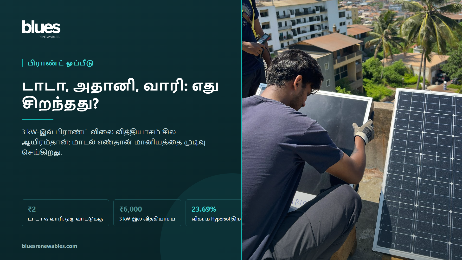 சென்னை மொட்டைமாடியில் இரண்டு வகை சோலார் பேனல்களை அருகருகே வைத்து ஒப்பிட்டுப் பார்க்கும் தொழில்நுட்பப் பணியாளர்