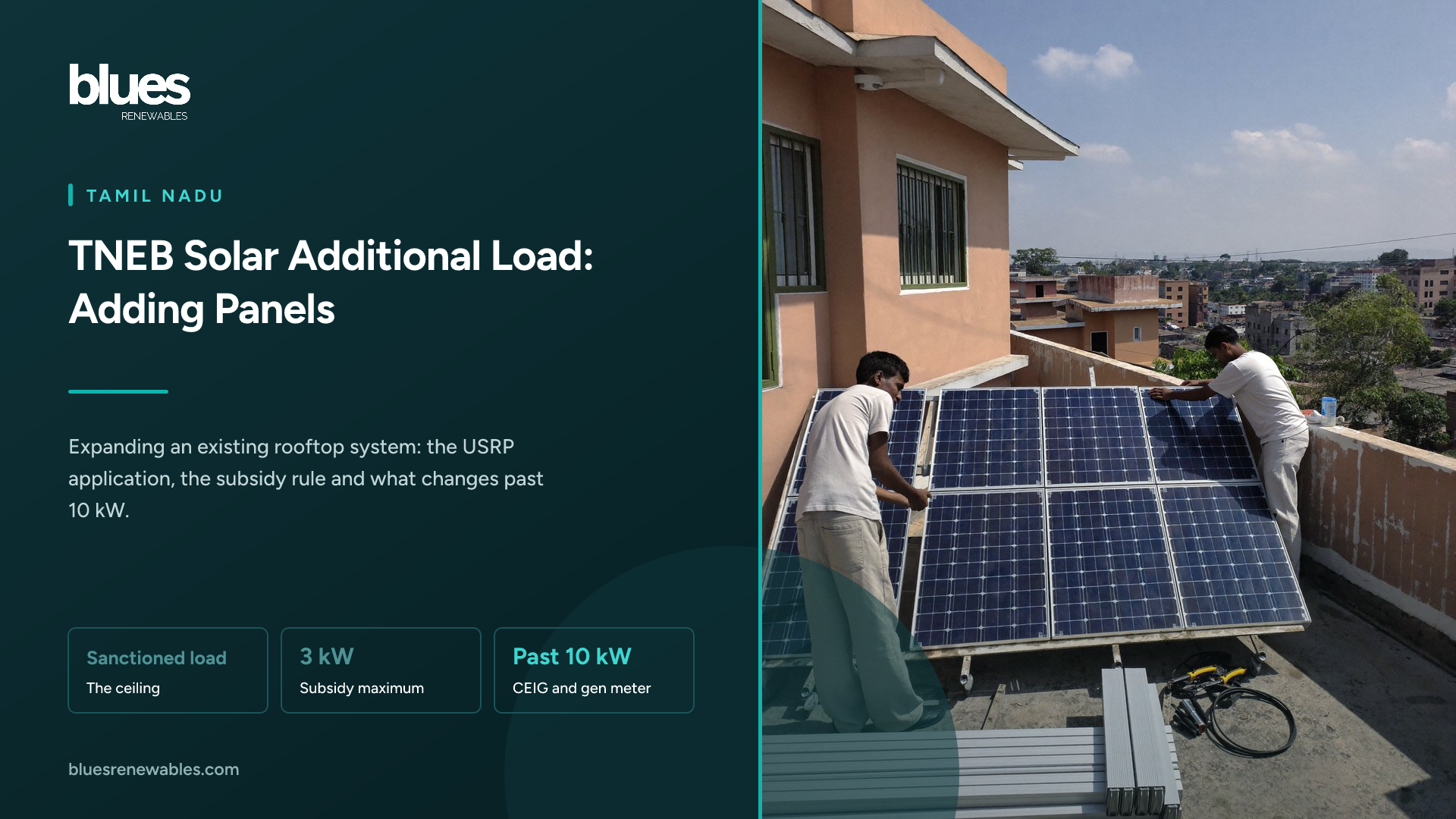 Installer bolting two new solar panels onto a frame beside an older row of panels on a Chennai terrace, an electric car parked in the street below