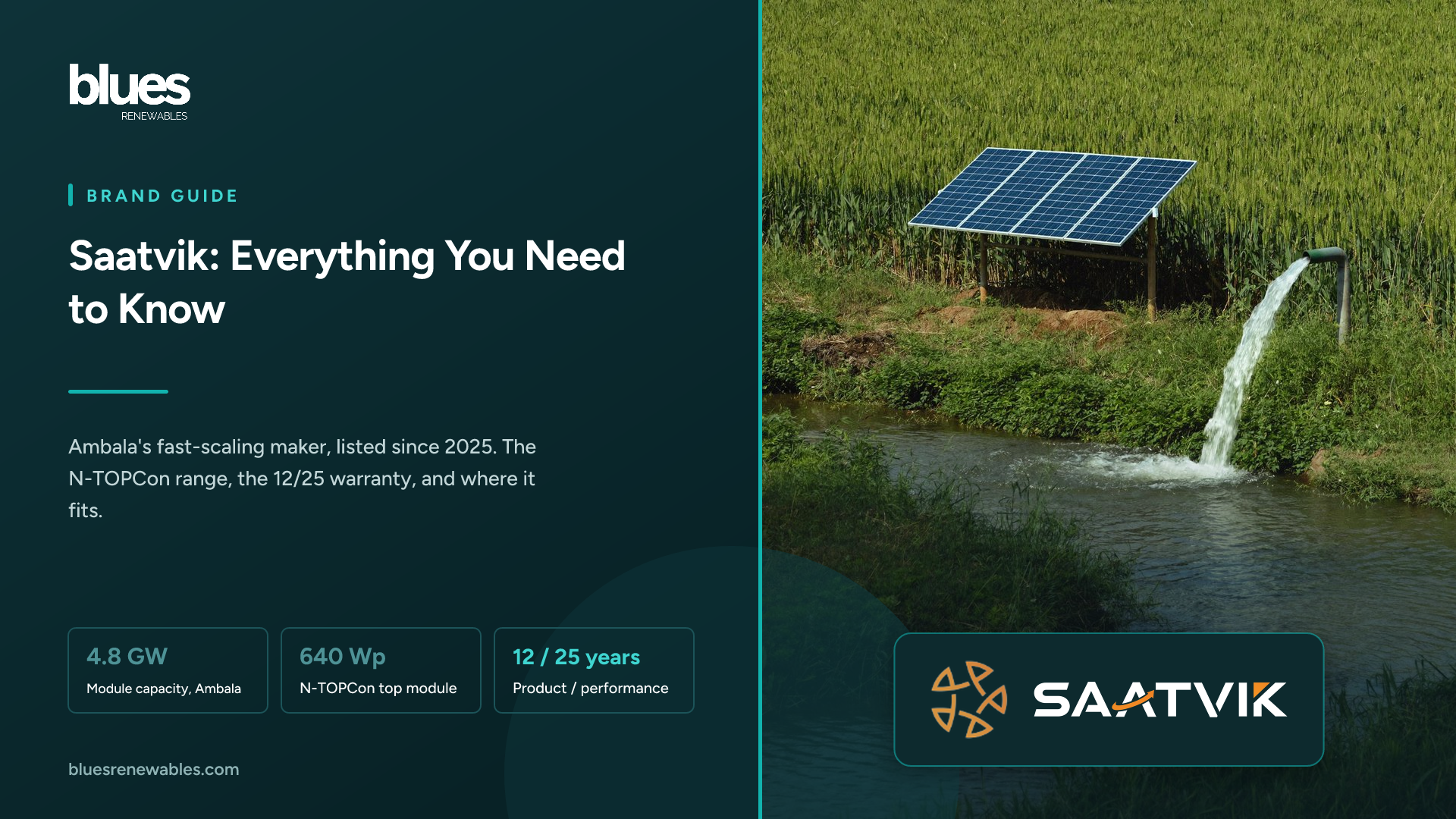 Saatvik logo over a photograph of a solar panel powering an irrigation pump beside a farm field