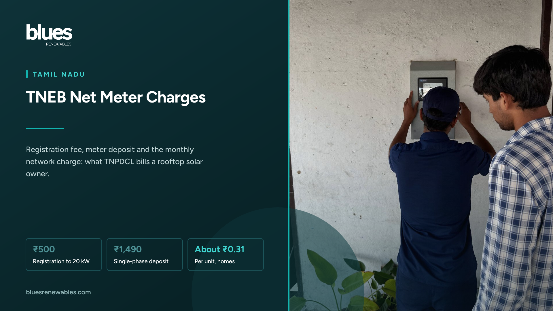 An electricity board lineman fixing a new digital bidirectional meter on a wall-mounted meter board beside a house gate in Chennai