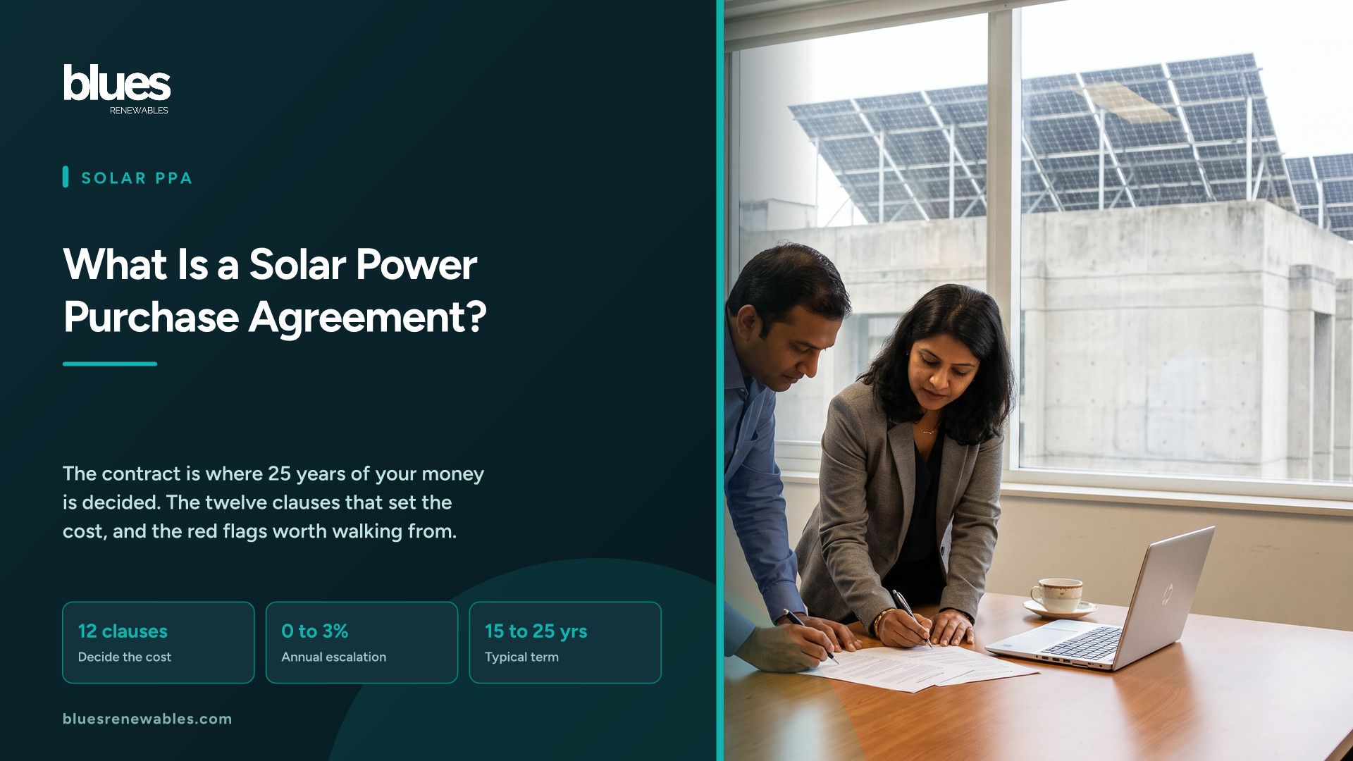 Two Indian business professionals signing a solar power purchase agreement at a meeting table with a rooftop solar array visible through the window