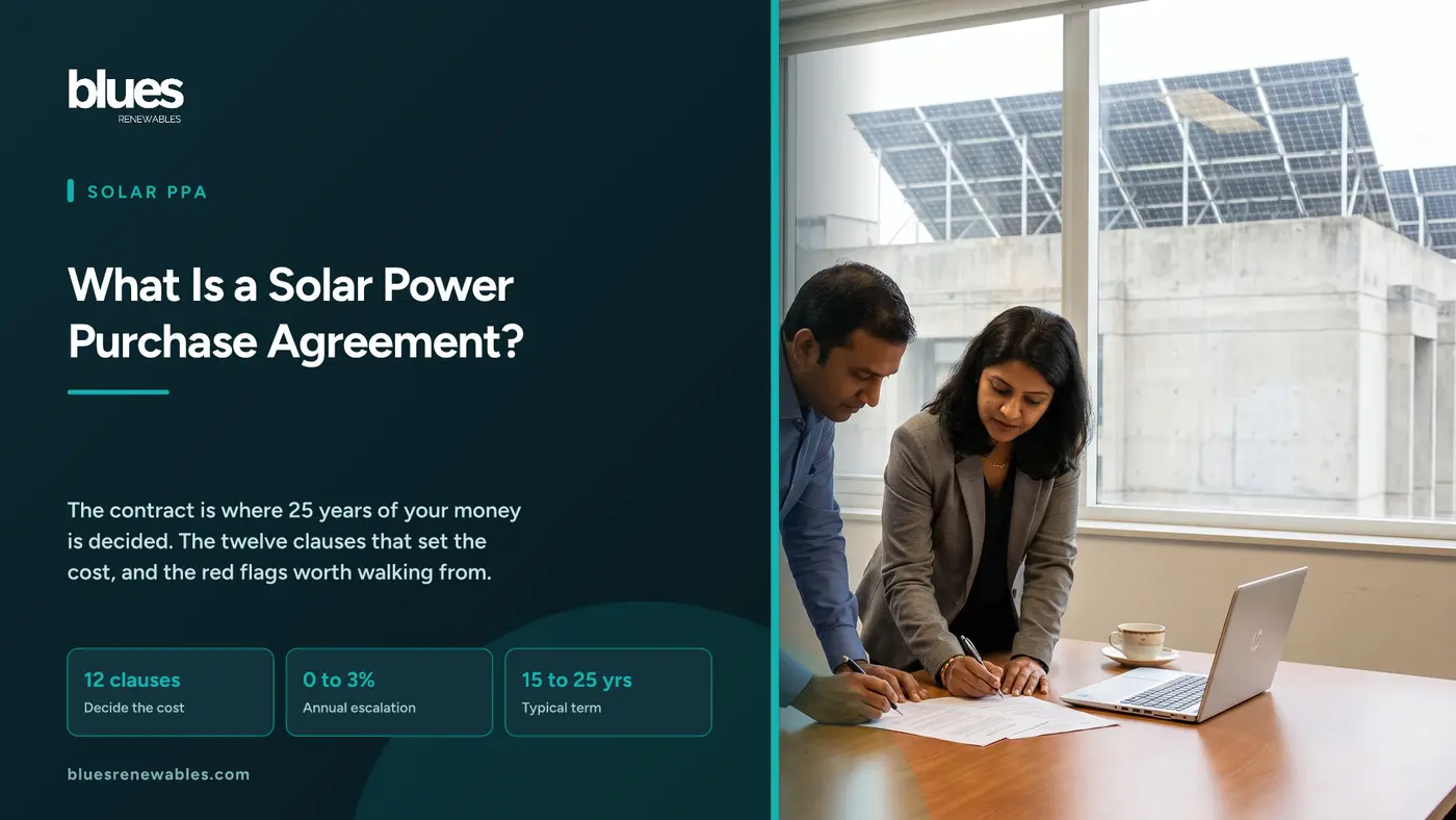 Two Indian business professionals signing a solar power purchase agreement at a meeting table with a rooftop solar array visible through the window