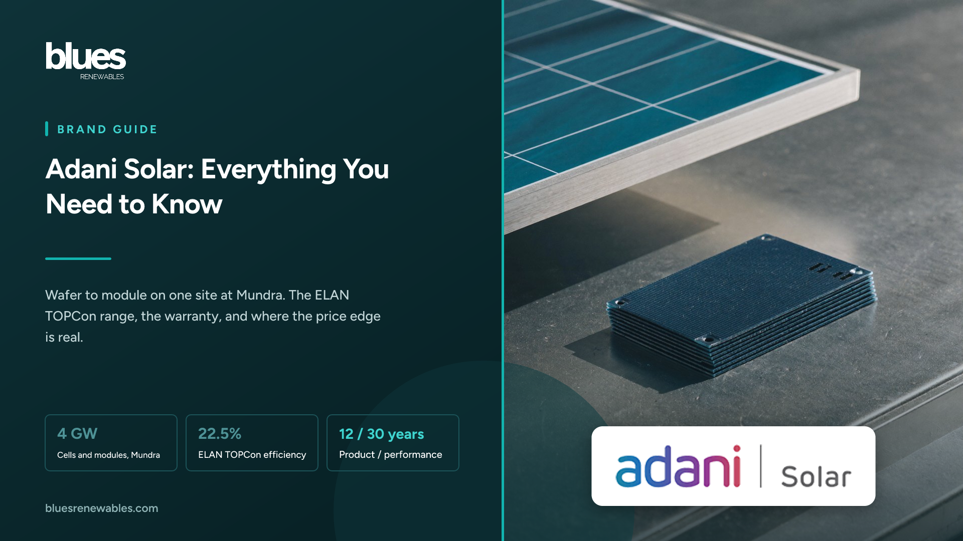Adani Solar logo over a close-up of a stack of silicon wafers beside the corner of a finished solar panel