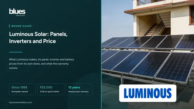 A Luminous logo above a row of bifacial solar panels on a white terrace, with a hybrid inverter and battery mounted on the stair-room wall behind them