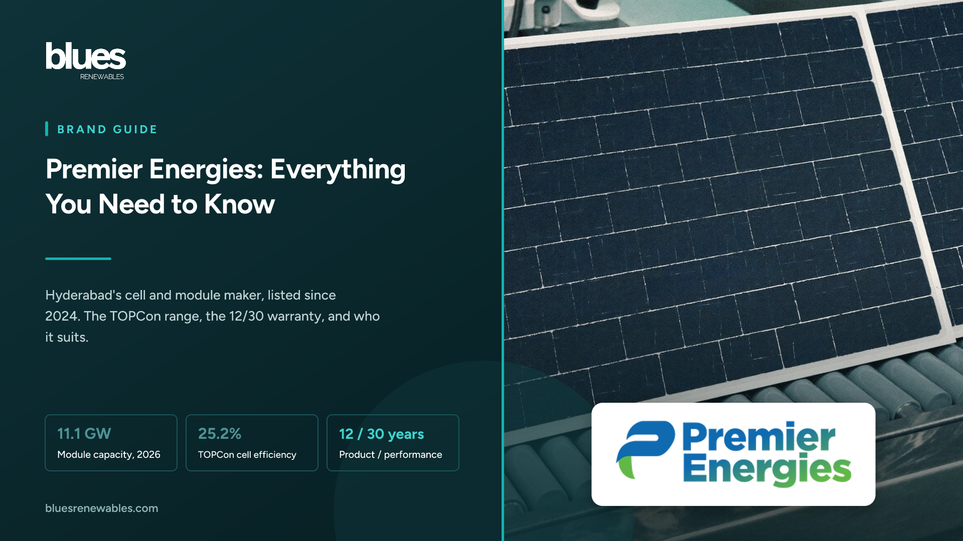 Premier Energies logo over a close-up of solar cells on a clean-room production conveyor
