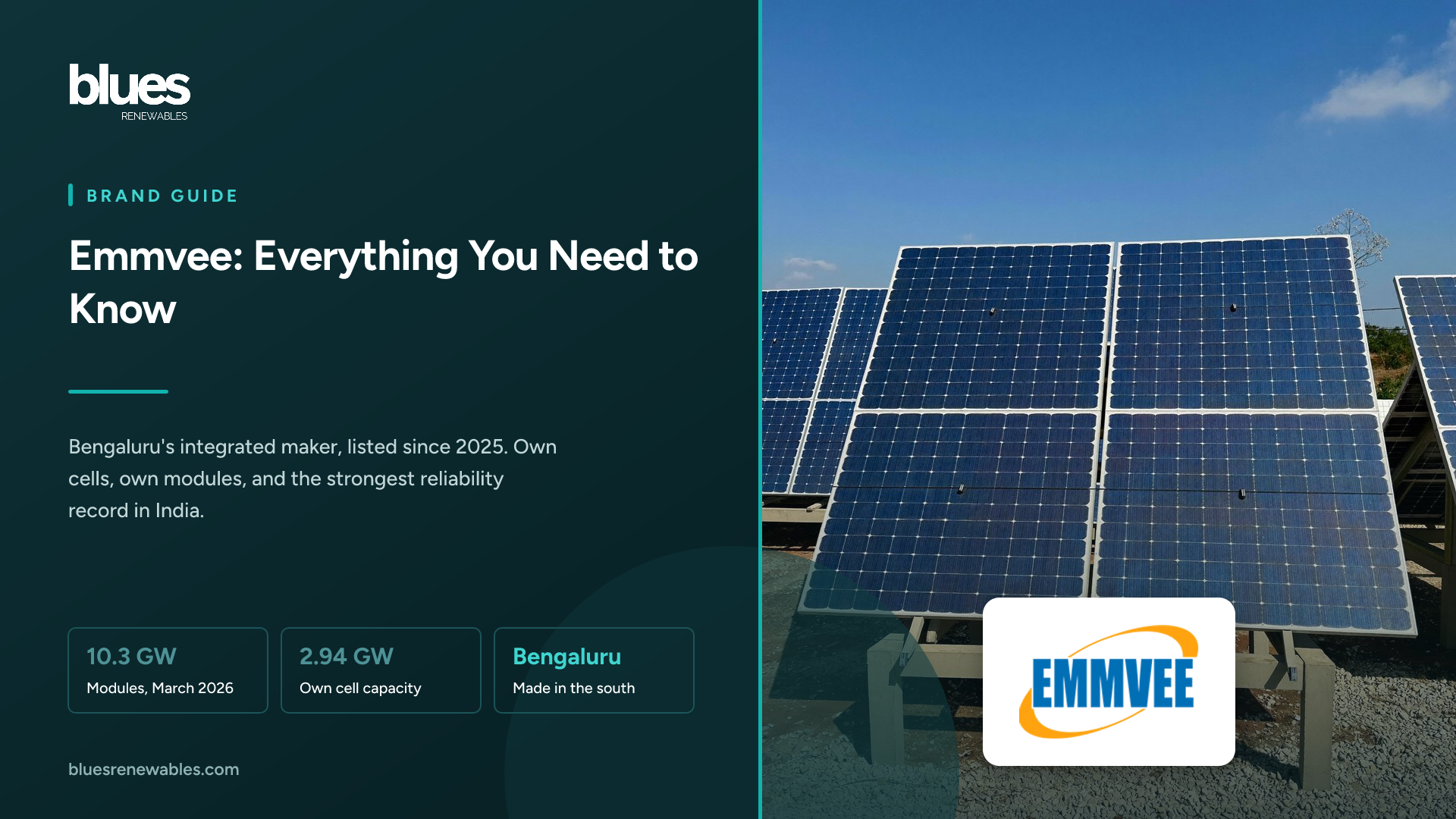 Emmvee logo over a photograph of bifacial solar panels on a raised ground frame over gravel in South India
