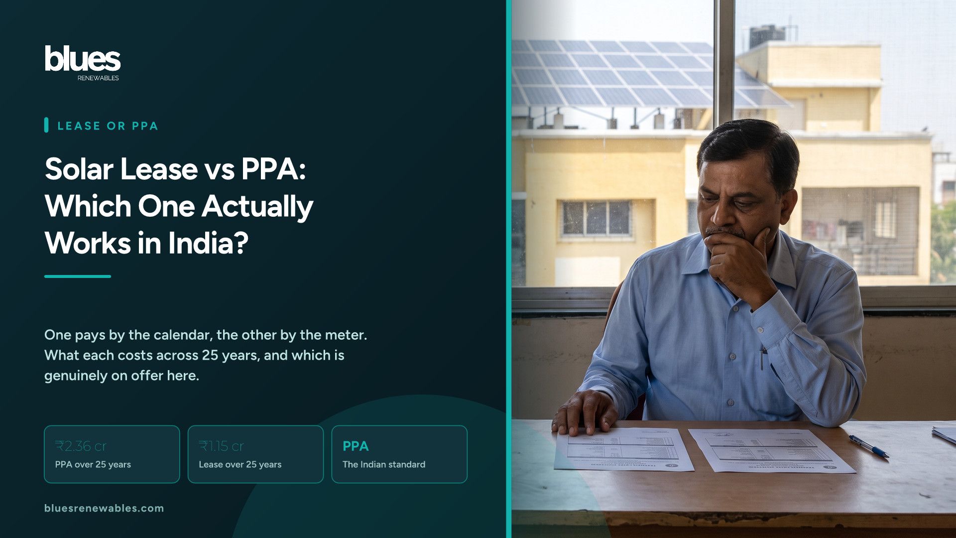 Indian business owner at a desk comparing two printed solar contracts side by side with a rooftop solar array visible through the office window