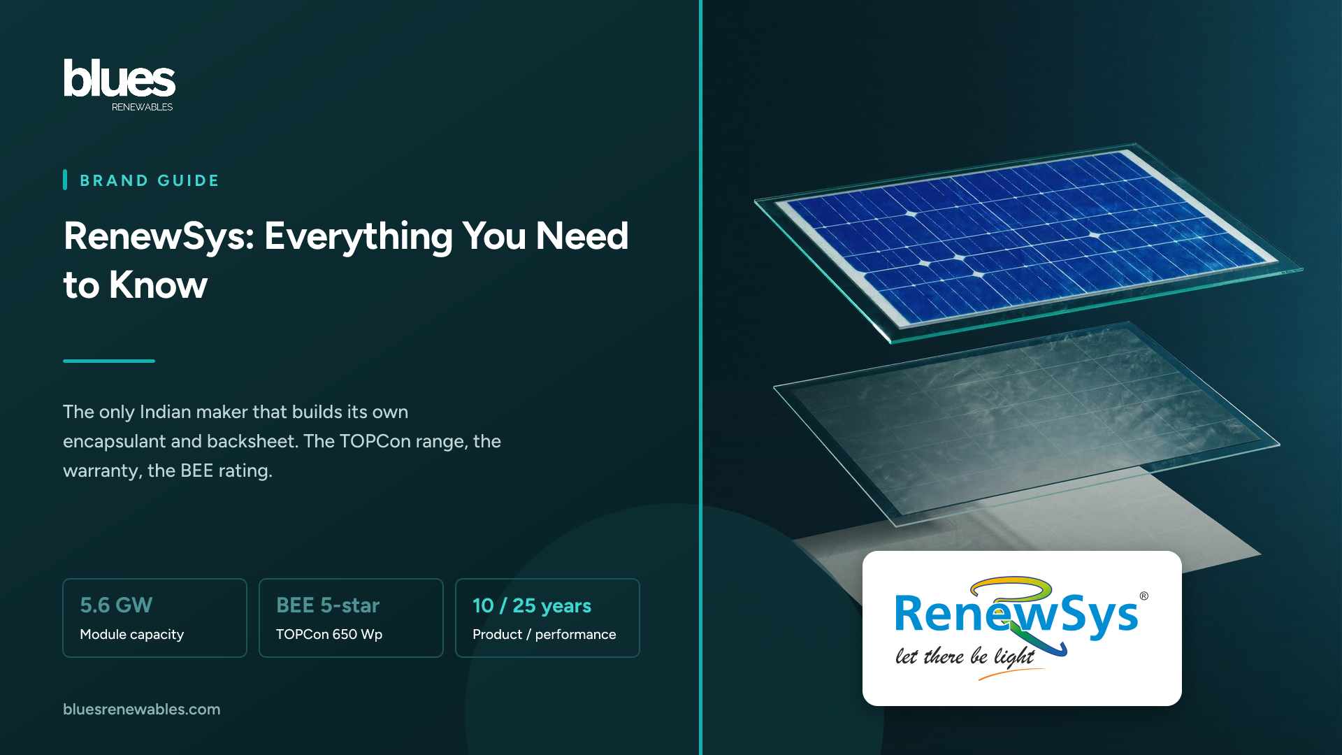 RenewSys logo over an exploded view of a solar panel showing the glass, encapsulant film, cells and backsheet as separate layers