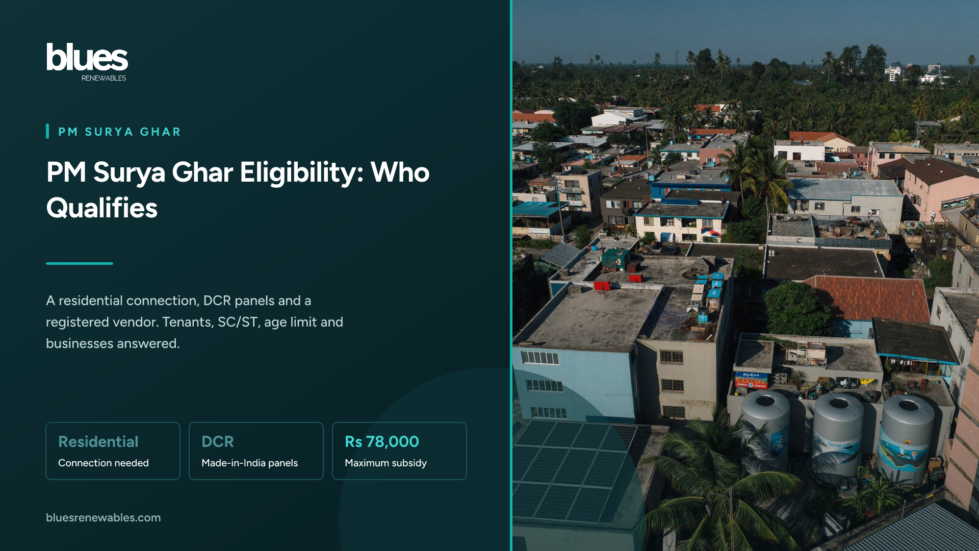 Aerial view of a Chennai neighbourhood with some flat roofs covered in solar panels and others bare