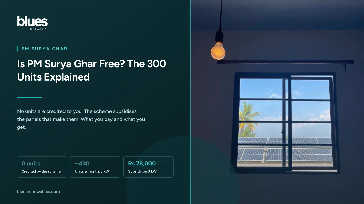 A glowing light bulb in a home interior, with rooftop solar panels in bright sun visible through the window