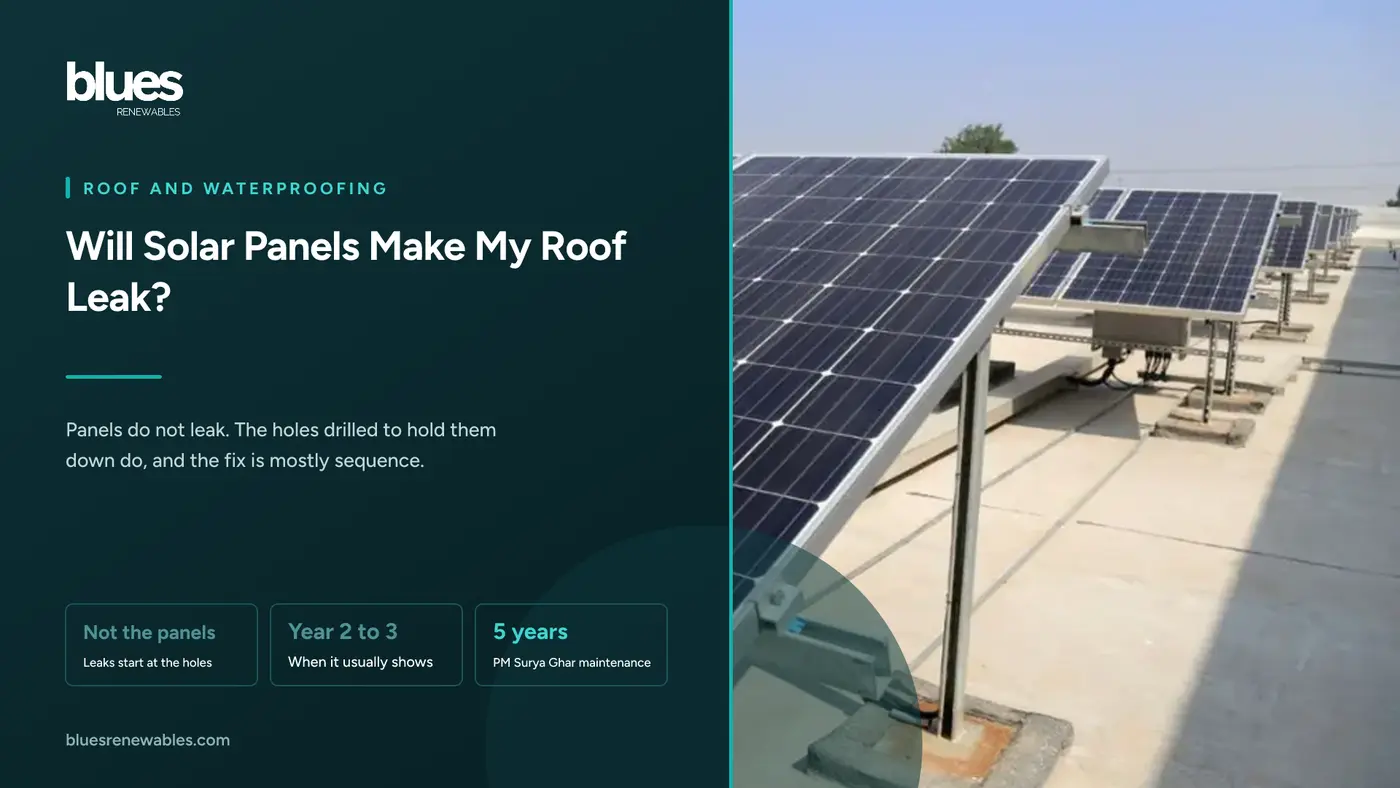 Rows of tilted rooftop solar panels on a concrete terrace, each supporting leg standing on its own concrete footing