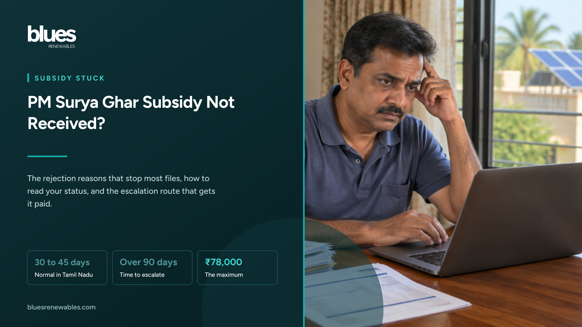 Indian homeowner at a dining table checking a laptop and a stack of subsidy application documents with a concerned expression, rooftop solar panels visible through the window