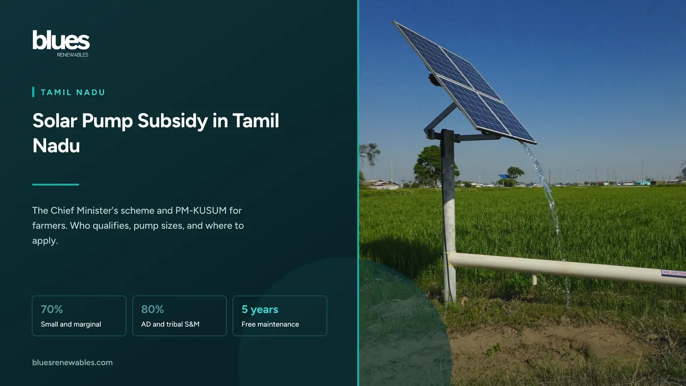A standalone solar panel on a steel frame beside a green paddy field, with water pouring from a pipe into an irrigation channel