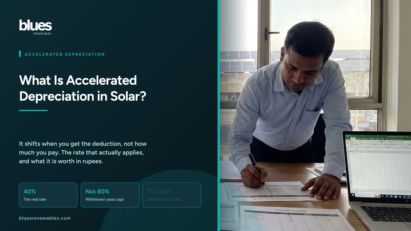 Indian chartered accountant reviewing a depreciation schedule at a desk with a rooftop solar array visible through the office window