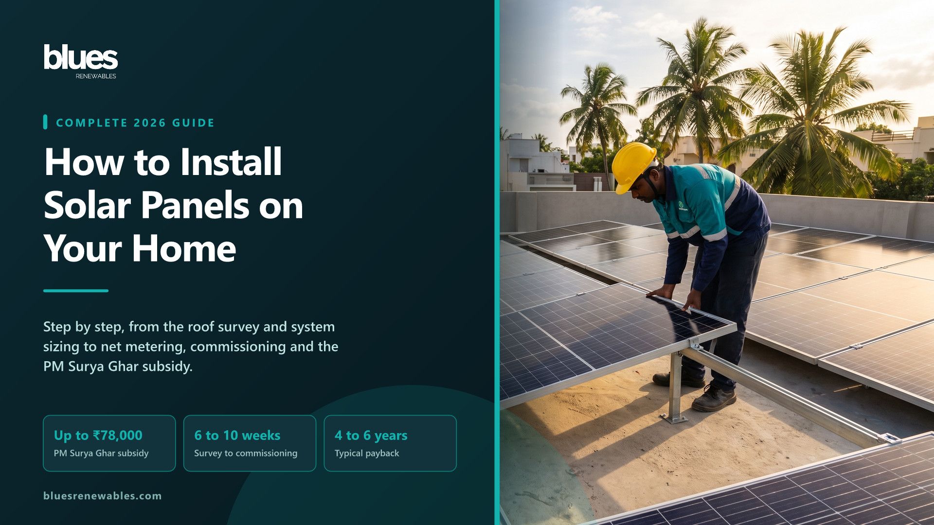 Blues Renewables guide to how to install solar panels on your home, technician fitting rooftop solar modules on a Chennai terrace