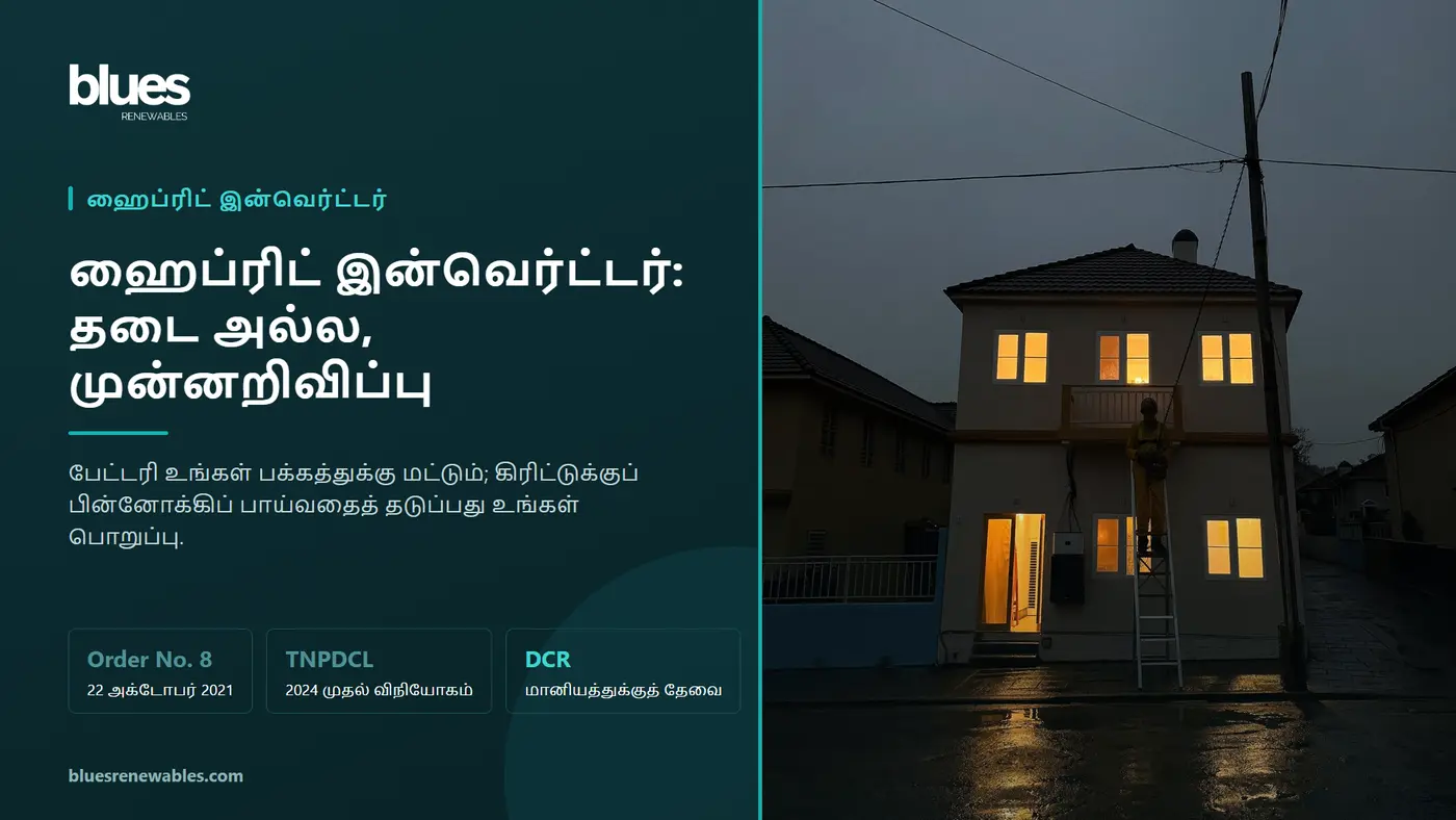 மின்வெட்டின்போது சென்னை வீட்டில் சுவரில் பொருத்திய ஹைப்ரிட் இன்வெர்ட்டரும் பேட்டரியும் விளக்குகளை எரிய வைக்கின்றன